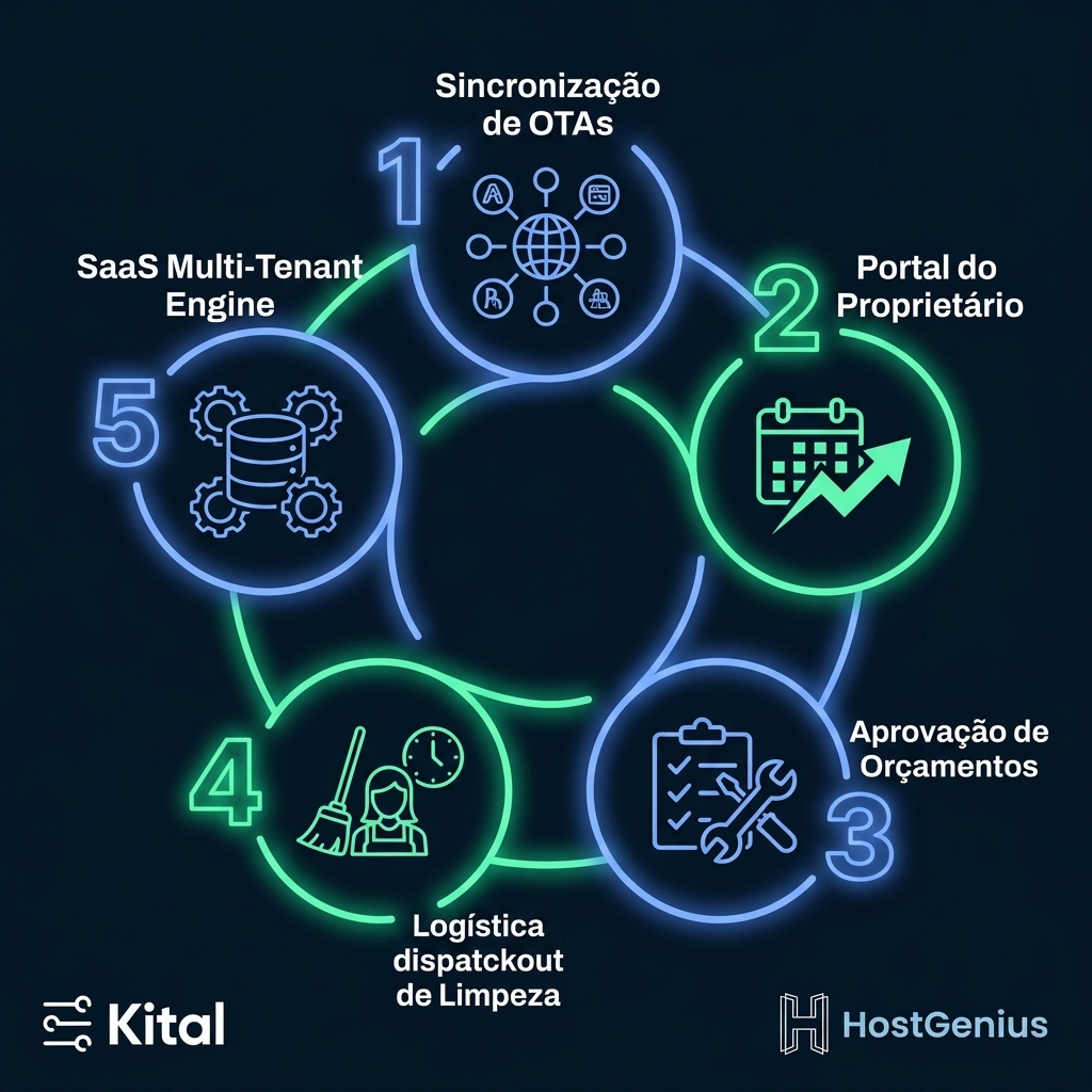 Infográfico do Fluxo Operacional e de Governança SaaS HostGenius & Kital
